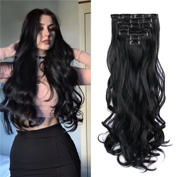 22 Inch Clip In Hair Extensions 7 PCS Long Wavy Synthetic Black Hair Extension - Picture 1 of 7